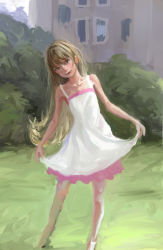 Rule 34 | 1girl, bare shoulders, barefoot, blonde hair, building, clothes lift, collarbone, commentary, curtsey, dress, dress lift, foliage, grass, head tilt, lifted by self, long hair, looking at viewer, monogatari (series), nanda (nanda), on grass, oshino shinobu, outdoors, pink dress, sketch, sleeveless, sleeveless dress, smile, solo, standing, sundress, two-tone dress, very long hair, white dress, yellow eyes