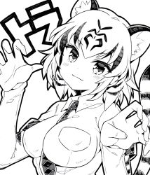 Rule 34 | 10s, 1girl, animal ears, between breasts, blush, breasts, greyscale, kemono friends, kurisu sai, looking at viewer, monochrome, necktie, short hair, simple background, smile, solo, striped tail, tail, tiger ears, tiger tail, white background, white tiger (kemono friends)