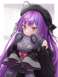 Rule 34 | 1girl, absurdres, ahoge, beret, black bow, black dress, black hat, blunt bangs, blush, bow, closed mouth, commentary request, cowlick, dress, grey background, hat, highres, holding, holding stuffed toy, i namatsu, long hair, looking at viewer, medium bangs, nanashi inc., off-shoulder dress, off shoulder, official alternate costume, purple hair, red eyes, shisui kiki, shisui kiki (2nd costume), sleeve bow, sleeves past fingers, sleeves past wrists, smile, solo, stuffed animal, stuffed toy, teddy bear, upper body, very long hair, virtual youtuber