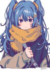 Rule 34 | 1girl, 3774., bag, black sweater, blue eyes, blue hair, cropped torso, hair ornament, hairclip, hand up, hatsune miku, highres, long hair, long sleeves, scarf, shoulder bag, simple background, solo, sweater, twintails, upper body, vocaloid, white background, yellow scarf