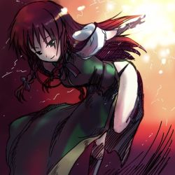 Rule 34 | 1girl, china dress, chinese clothes, dress, female focus, gradient background, hong meiling, immaterial and missing power, long hair, onimaru gonpei, red hair, ribbon, solo, touhou