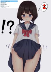 Rule 34 | !?, 1girl, blue background, blue eyes, blue sailor collar, blue skirt, blush, bow, bowtie, brown hair, closed mouth, clothes lift, cowboy shot, embarrassed, female focus, flat chest, from below, hair tie, half-closed eyes, have to pee, highres, japanese text, kanekan, lifted by self, looking down, medium hair, miniskirt, motion lines, nervous, nose blush, original, panties, panty pull, pleated skirt, pulled by self, red bow, red bowtie, sailor collar, school uniform, serafuku, shirt, short sleeves, sidelocks, simple background, skirt, skirt lift, solo, standing, sweat, thigh gap, thought bubble, translated, twintails, underwear, undressing, white panties, white shirt