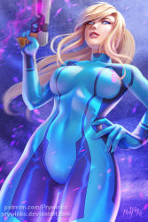 Rule 34 | 1girl, blonde hair, blue background, blue eyes, blurry, bodysuit, breasts, breasts apart, covered collarbone, cowboy shot, depth of field, dutch angle, emblem, eyelashes, finger on trigger, floating hair, from below, gloves, glowing, grin, gun, hand on own hip, handgun, high ponytail, hip focus, holding, holding gun, holding weapon, lips, long hair, looking at viewer, medium breasts, metroid, metroid: other m, mole, mole under eye, nintendo, parted lips, pilot suit, pixelated, ponytail, prywinko, samus aran, sidelocks, signature, smile, solo, standing, swept bangs, thighs, turtleneck, watermark, weapon, web address, zero suit