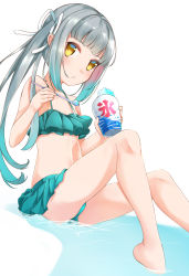 Rule 34 | 1girl, aqua bikini, aqua hair, ass, bare arms, bare shoulders, barefoot, bikini, bikini skirt, blunt bangs, blush, caustics, collarbone, comah, flat chest, food, frilled bikini, frills, from below, from side, frown, gradient hair, green bikini, grey hair, hair ribbon, highres, holding, holding spoon, kantai collection, kasumi (kancolle), kasumi kai ni (kancolle), long hair, looking at viewer, looking down, looking to the side, multicolored hair, partially submerged, ribbon, shaved ice, side ponytail, sidelocks, sitting, solo, spoon, swimsuit, water, white background, white ribbon