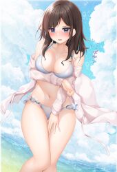 Rule 34 | 1girl, arm under breasts, beach, bikini, bikini pull, blue bikini, blue sky, blush, breast hold, breasts, brown hair, cleavage, clothes pull, cloud, collarbone, commentary request, day, horizon, long hair, looking at viewer, medium breasts, minato ojitan, navel, nipples, ocean, open clothes, open mouth, open shirt, original, outdoors, red eyes, shirt, sky, solo, standing, swimsuit, untied bikini, variant set, white shirt, wind
