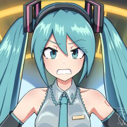 Rule 34 | 1girl, aqua eyes, aqua hair, aqua necktie, artist logo, bare shoulders, black sleeves, clenched teeth, close-up, collarbone, commentary, dated, detached sleeves, digiral, english commentary, exodia the forbidden one, grey shirt, hair ornament, hatsune miku, highres, long hair, looking at viewer, magic circle, necktie, out of frame, parody, portrait, scowl, shirt, shoulder blush, shoulder tattoo, sleeveless, sleeveless shirt, solo, straight-on, tattoo, teeth, twintails, upper body, v-shaped eyebrows, vocaloid, yu-gi-oh!