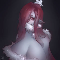 Rule 34 | 1girl, absurdres, black background, breasts, christmas, cleavage, dress, earrings, eyeshadow, freckles, fur collar, hair ornament, hair over one eye, highres, jewelry, large breasts, long hair, makeup, mary (nat the lich), nat the lich, no bra, original, pale skin, pointy ears, red eyes, red hair, slit pupils, solo, star (symbol), star hair ornament, strapless, strapless dress, upper body, vampire