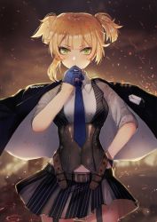 Rule 34 | 1girl, asymmetrical hair, bad id, bad pixiv id, belt, blue gloves, blue necktie, blue skirt, blunt bangs, breasts, closed mouth, collared shirt, corset, cowboy shot, day, dress shirt, embers, garter straps, girls&#039; frontline, gloves, half gloves, hanato (seonoaiko), hand on own hip, hand up, jacket, jacket on shoulders, looking at viewer, medium breasts, necktie, outdoors, pinstripe pattern, pinstripe vest, pleated skirt, serious, shirt, short twintails, skirt, solo, striped clothes, striped skirt, tsurime, twintails, twitter username, vest, welrod mkii (girls&#039; frontline), white shirt