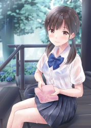 Rule 34 | 1girl, bag, black skirt, blue bow, blue bra, blush, bow, bra, bra visible through clothes, breasts, brown eyes, brown hair, closed mouth, commentary request, day, highres, holding, long hair, looking at viewer, low twintails, original, outdoors, pleated skirt, rain, school bag, school uniform, see-through, shirt, short sleeves, sitting, skirt, small breasts, smile, solo, tree, twintails, underwear, wet, wet clothes, wet hair, wet shirt, wet skirt, yukimaru217