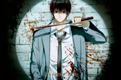 Rule 34 | 1boy, black hair, black necktie, blood, blood on clothes, bloody weapon, brick wall, brown eyes, closed mouth, collared shirt, copyright name, highres, holding, holding sword, holding weapon, jacket, looking at viewer, nagumo (sakamoto days), necktie, sakamoto days, shirt, short hair, smile, solo, suit jacket, sword, weapon, white shirt, yoon (dmsco1803)
