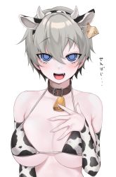 Rule 34 | 1girl, :d, animal ears, animal print, bare shoulders, bell, neck bell, bikini, black bikini, black sleeves, blue eyes, blush, breasts, collar, commentary request, cow ears, cow horns, cow print, cow print sleeves, cowbell, detached sleeves, fake animal ears, fake horns, fang, grey hair, hair between eyes, hand on own chest, highres, horns, large breasts, looking at viewer, ompf, open mouth, short hair, simple background, smile, solo, swimsuit, two-tone bikini, upper body, uzaki-chan wa asobitai!, uzaki hana, white background, white bikini, white sleeves