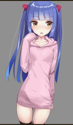 Rule 34 | 1girl, :o, arm at side, black thighhighs, blue hair, blunt bangs, blush, collarbone, cowboy shot, grey background, hair ribbon, heavens thunder (byakuya-part2), hood, hooded sweater, legs apart, long hair, long sleeves, looking at viewer, open mouth, original, pink sweater, red ribbon, ribbon, simple background, sleeves past wrists, solo, standing, sweater, thighhighs, two side up, yellow eyes