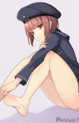 Rule 34 | 10s, 1girl, bare legs, barefoot, batatata77, blunt bangs, brown eyes, brown hair, dress, feet, hands on feet, hat, highres, kantai collection, long sleeves, looking at viewer, sailor collar, sailor dress, sailor hat, short hair, sitting, solo, toes, z3 max schultz (kancolle)