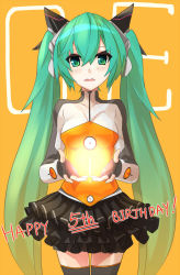 Rule 34 | 1girl, aqua eyes, aqua hair, happy birthday, hatsune miku, long hair, looking at viewer, odds &amp; ends (vocaloid), project diva (series), project diva f, skirt, solo, takanashie, thighhighs, twintails, very long hair, vocaloid, zettai ryouiki