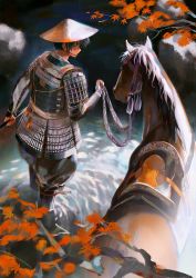 Rule 34 | 1boy, armor, black hair, black pants, branch, closed mouth, commentary request, dou, hat, highres, holding, holding sword, holding weapon, horse, japanese armor, looking at viewer, looking back, male focus, mcmeao, original, outdoors, pants, profile, rice hat, river, saddle, samurai, short hair, solo, sword, wading, weapon
