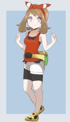 Rule 34 | 1girl, armpits, bag, bare shoulders, bike shorts, black shorts, blue eyes, bow, brown hair, child, chocomiru, clenched hands, closed mouth, collarbone, creatures (company), fanny pack, female focus, full body, game freak, gen 3 pokemon, gen 6 pokemon, hair bow, hair ornament, hair ribbon, hands up, happy, highres, legs, blue background, looking at viewer, may (pokemon), may (pokemon oras), medium hair, mega stone, neck, nintendo, pokemon, pokemon oras, red bow, red ribbon, red shirt, ribbon, shirt, shoes, short ponytail, short shorts, shorts, side bangs, sleeveless, sleeveless shirt, smile, sneakers, standing, thighs, tight clothes, tight shirt, two-tone background, two-tone bow, two-tone ribbon, walking, wristband, yellow bag, yellow footwear