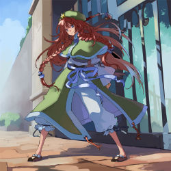 Rule 34 | 1girl, alternate costume, alternate hairstyle, bad id, bad pixiv id, blue eyes, braid, capelet, chinese clothes, collaboration, colorized, female focus, full body, gate, hat, hong meiling, kintaro, kljgdoe, long hair, nature, outdoors, plant, red hair, skirt, sky, solo, standing, touhou, twin braids