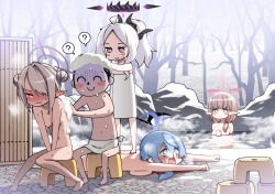 Rule 34 | 1boy, 4girls, ?, ako (blue archive), black horns, blood, blue archive, blue eyes, blue hair, blue halo, blush, breasts, brown eyes, brown hair, chinatsu (blue archive), closed mouth, completely nude, dark-skinned female, dark skin, demon horns, doodle sensei (blue archive), double bun, grey hair, hair bun, hair over one eye, halo, hina (blue archive), hitotose rin, horns, iori (blue archive), large breasts, long hair, medium breasts, multiple girls, multiple horns, naked towel, navel, nosebleed, nude, onsen, open mouth, partially submerged, pointy ears, prefect team (blue archive), purple halo, red eyes, red halo, sensei (blue archive), short hair, sitting, smile, spoken question mark, towel, water, white towel