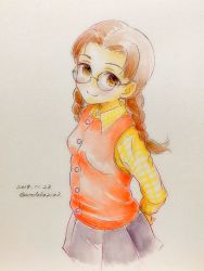 Rule 34 | 1girl, arms behind back, black hair, blush, braid, brown eyes, casual, closed mouth, collared shirt, colored pencil (medium), cowboy shot, dated, fukuda haru, girls und panzer, glasses, grey skirt, highres, light blush, long hair, long sleeves, looking at viewer, miniskirt, one-hour drawing challenge, pleated skirt, q-bee (aaru), red vest, round eyewear, shirt, skirt, smile, solo, standing, texture, traditional media, twin braids, twintails, twitter username, vest, yellow shirt