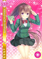Rule 34 | 1girl, :p, black skirt, blazer, bow, bowtie, breasts, brown hair, buttons, crossed bangs, double-breasted, dress shirt, feet out of frame, green jacket, guest art, holding, holding notebook, jacket, long hair, looking at viewer, love live!, love live! school idol festival, medium breasts, miniskirt, morishima nanaka, notebook, official art, pink background, pleated skirt, purple eyes, red bow, red bowtie, salute, school uniform, shirt, sidelocks, skirt, solo, takano yuki (allegro mistic), third-party source, tight clothes, tongue, tongue out, v-shaped eyebrows, very long hair, white shirt