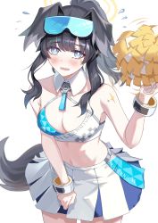 Rule 34 | 1girl, bare arms, bare shoulders, black hair, blue archive, blue eyes, blush, breasts, cheerleader, cleavage, commentary request, cowboy shot, crop top, flying sweatdrops, goggles, goggles on head, hand up, hibiki (blue archive), hibiki (cheer squad) (blue archive), highres, holding, holding pom poms, long hair, medium breasts, midriff, millennium cheerleader outfit (blue archive), miniskirt, navel, pom pom (cheerleading), pom poms, sidelocks, simple background, skirt, solo, standing, stomach, tail, uha, white background, white skirt