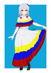 Rule 34 | 1girl, absurdres, alternate costume, bare shoulders, blue background, blue eyes, bow, braid, dress, hair bow, high heels, highres, izayoi sakuya, long skirt, looking at viewer, multicolored clothes, red bow, short hair, silver hair, simple background, skirt, smile, solo, strapless, strapless dress, striped clothes, striped dress, teeth, touhou, twin braids, umisaki, venezuelan flag, white dress, wristband