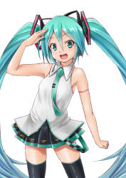 Rule 34 | 1girl, aqua eyes, aqua hair, bare shoulders, face, hatsune miku, highres, lat model (mikumikudance), long hair, miu (angelo whitechoc), necktie, open mouth, salute, simple background, skirt, solo, thighhighs, twintails, very long hair, vocaloid