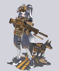 Rule 34 | 1girl, ammunition, animal, animal ears, bandaged ear, baseball cap, bipod, black eyes, black footwear, black gloves, black hair, black jacket, black straps, blue coat, blue eyes, blue footwear, blue hair, body armor, brown gloves, brown hat, buckle, bulletproof vest, buttons, camouflage, cartridge, closed mouth, coat, cross, denim, desert camouflage, dog, eyepatch, full body, gloves, glowstick, grey background, grey pants, gun, h&amp;k g28, hair between eyes, hat, heckler &amp; koch, highres, holding, holding gun, holding weapon, jacket, jeans, jewelry, long hair, long sleeves, magazine (weapon), multicolored hair, necklace, original, pants, paw print, pocket, rifle, rifle cartridge, scope, shoes, simple background, snap-fit buckle, sniper rifle, socks, solo, standing, streaked hair, suppressor, tac239, thigh strap, torn clothes, torn pants, trigger discipline, twintails, two-tone footwear, two-tone gloves, two-tone hair, two-tone headwear, unbuttoned, vertical foregrip, weapon, white footwear, white hair, white socks