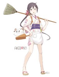 Rule 34 | 10s, 1girl, akebono (kancolle), bare legs, bell, broom, character name, dated, dustpan, flower, full body, geta, hair bell, hair flower, hair ornament, holding, holding dustpan, japanese clothes, jingle bell, kantai collection, kawashina (momen silicon), kimono, long hair, looking at viewer, no socks, obi, open mouth, sash, short kimono, side ponytail, signature, simple background, solo, tasuki, white background
