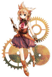 Rule 34 | 1girl, adapted costume, bare arms, belt, blonde hair, boots, brown eyes, brown gloves, bubble skirt, earmuffs, fingerless gloves, full body, gears, gloves, headphones, looking at viewer, makuwauri, ritual baton, shirt, skirt, sleeveless, sleeveless shirt, smile, solo, sword, touhou, toyosatomimi no miko, weapon, white background