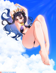 Rule 34 | 1girl, absurdres, arms up, ass, bare legs, bare shoulders, barefoot, bikini, breasts, curvy, earrings, fate/grand order, fate (series), highres, huge ass, ishtar (fate), jewelry, long hair, looking at viewer, medium breasts, parted bangs, red eyes, sky, slingshot swimsuit, solo, swimsuit, thighs, tiara, tofuubear, very long hair