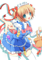 Rule 34 | 1girl, basket, blonde hair, blush, bow, candy, frills, kamikita komari, little busters!, lollipop, mycstea, outstretched arm, outstretched hand, pink bow, reaching, short hair, solo, thighhighs, waitress, zettai ryouiki