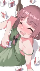 Rule 34 | 1girl, :d, arm support, beer bottle, blunt bangs, blush, bocchi the rock!, braid, braided ponytail, closed eyes, collarbone, commentary request, dress, drink, drinking straw, earrings, facing viewer, fang, from above, green dress, hair over shoulder, halulu, highres, hiroi kikuri, holding, holding drink, jewelry, medium hair, open mouth, pink hair, simple background, single braid, sitting, sleeveless, sleeveless dress, smile, solo, strap slip, stud earrings, white background