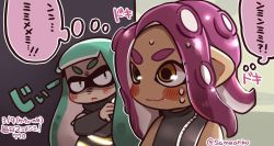 Rule 34 | 2girls, :&lt;, :3, against wall, agent 3 (splatoon), agent 8 (splatoon), aqua hair, commentary, dark-skinned female, dark skin, inkling, inkling girl, inkling player character, looking at another, multiple girls, nintendo, octoling, octoling girl, octoling player character, pink hair, same anko, serious, splatoon (series), splatoon 2, splatoon 2: octo expansion, squidbeak splatoon, sweat, takozonesu, tentacle hair, thought bubble, translation request, upper body