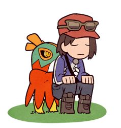 Rule 34 | 1boy, blue jacket, boots, brown footwear, brown hair, calem (pokemon), clenched hand, closed eyes, closed mouth, commentary request, creatures (company), eyewear on headwear, game freak, gen 6 pokemon, grass, grey pants, hands on another&#039;s chest, hands on own knees, hat, hawlucha, jacket, jaho, lowres, male focus, medium hair, nintendo, pants, pokemon, pokemon (creature), pokemon xy, red headwear, simple background, squatting, strap, white background