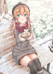 Rule 34 | 1girl, alternate costume, anchor hair ornament, bench, black thighhighs, blonde hair, blue eyes, hair ornament, hat, highres, kantai collection, long hair, looking at viewer, low twintails, open mouth, outdoors, plaid, plaid scarf, prinz eugen (kancolle), scarf, snowman, solo, thighhighs, twintails, winter clothes, yukishiro arte