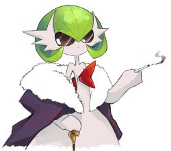 arbok cane cigarette cloak colored_skin creatures_(company) dmt_(auburn) dress fur-trimmed_cloak fur_trim game_freak gardevoir gen_1_pokemon gen_3_pokemon mega_gardevoir mega_pokemon nintendo pokemon pokemon_(creature) simple_background strapless strapless_dress sunglasses white_background white_skin