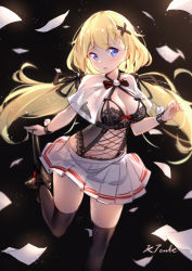Rule 34 | 1girl, absurdres, black bra, black panties, black thighhighs, blonde hair, blue eyes, blurry, bra, breasts, capelet, center opening, chest harness, cleavage, criss-cross halter, depth of field, floating hair, frown, hair ornament, hair ribbon, halterneck, harness, highres, k.t.cube, large breasts, leg up, long hair, looking at viewer, low twintails, miniskirt, navel, open mouth, original, panties, panties around leg, panty pull, paper, pleated skirt, revealing clothes, ribbon, see-through, skirt, solo, stomach, thighhighs, twintails, underwear, very long hair, white skirt, wristband, x hair ornament, zettai ryouiki