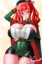 Rule 34 | 1girl, absurdres, azur lane, beret, black hat, breasts, cape, cleavage, collarbone, dress, gradient background, green dress, hat, highres, hisin, huge breasts, large breasts, long hair, looking at viewer, military uniform, red hair, side ponytail, signature, skindentation, smile, solo, strapless, strapless dress, swimsuit, tube dress, uniform, yellow background, yellow eyes, zara (azur lane)