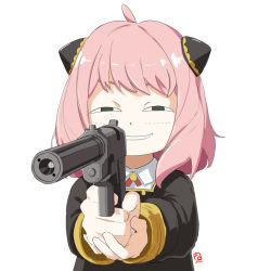 Rule 34 | 1girl, :d, aiming, aiming at viewer, anya&#039;s heh face (meme), anya (spy x family), automatic giraffe, black eyes, black jacket, child, grin, gun, hair ornament, half-closed eyes, handgun, holding, holding gun, holding weapon, jacket, long sleeves, medium hair, meme, open mouth, pink hair, pistol, simple background, smile, solo, spy x family, suppressor, weapon, white background