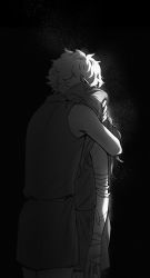 Rule 34 | 2boys, absurdres, backlighting, bandages, bare shoulders, black background, comforting, cowboy shot, dungeon meshi, elf, facing away, greyscale, hand on another&#039;s head, highres, hug, injury, long hair, mithrun, mithrun&#039;s brother, monochrome, multiple boys, pointy ears, robe, sash, short hair, simple background, sleeveless, tsy, wavy hair