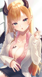 Rule 34 | 1girl, :o, black skirt, blonde hair, breasts, cleavage, collarbone, commentary request, demon girl, demon horns, demon wings, green eyes, hand up, highres, hiyorou, holding, holding pen, hololive, horns, lab coat, large breasts, long hair, long sleeves, looking at viewer, pen, pink shirt, shirt, skirt, solo, swept bangs, virtual youtuber, wings, yuzuki choco, yuzuki choco (1st costume)