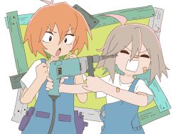 Rule 34 | &gt; &lt;, 2girls, bandaid, bandaid on arm, bandaid on face, bandaid on nose, blue overalls, closed eyes, colored inner hair, commentary request, do it yourself!!, fang, green hair, hand drill, highres, multicolored hair, multiple girls, orange hair, orenji (wholesomeorenji), overalls, photo-referenced, power drill, shirt, short hair, skin fang, white background, white shirt, yasaku rei, yua serufu