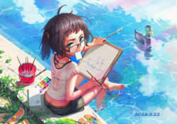 Rule 34 | 1girl, ahoge, barefoot, bird, blue eyes, brown hair, butt crack, casual, dated, drawing, duck, feet, glasses, highres, long hair, luode huayuan, mouth hold, paintbrush, sandals, semi-rimless eyewear, shoes, skirt, soaking feet, soles, solo, toes, twintails, unworn sandals, unworn shoes, water, wet