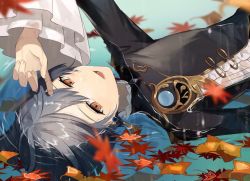 Rule 34 | 1boy, arm up, autumn leaves, bad id, bad twitter id, blue hair, blush, commentary request, earrings, frilled sleeves, frills, genshin impact, ginkgo leaf, jewelry, leaf, looking at viewer, lower teeth only, lying, male focus, on back, open mouth, single earring, solo, tassel, tassel earrings, teeth, upper body, water, wet, wet clothes, wet hair, wide sleeves, xingqiu (genshin impact), yellow eyes, yoko (nz g)