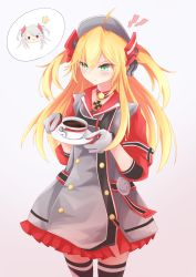 Rule 34 | 1girl, absurdres, admiral hipper (azur lane), ahoge, azur lane, blonde hair, blush, buttons, choker, closed mouth, coffee, coffee cup, commentary request, cowboy shot, cross, cup, disposable cup, dress, flat chest, gloves, green eyes, grey background, grey dress, grey gloves, hair between eyes, hat, headgear, highres, holding, holding tray, iron cross, long hair, osatou (soul of sugar), prinz eugen (azur lane), red sleeves, short sleeves, sidelocks, simple background, solo focus, standing, thighhighs, tray, two side up, zettai ryouiki