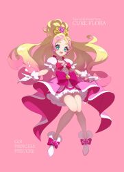 Rule 34 | 1girl, artist name, blonde hair, blue eyes, bow, bowtie, character name, copyright name, cure flora, dress, earrings, english text, floating, gloves, go! princess precure, gradient hair, half-dress, haruno haruka, highres, jewelry, kuroiro otento, long hair, looking at viewer, magical girl, multicolored hair, open mouth, pink background, pink bow, pink hair, precure, puffy short sleeves, puffy sleeves, red bow, red bowtie, shoes, short dress, short sleeves, signature, simple background, skirt hold, smile, solo, streaked hair, tiara, two-tone hair, waist bow, white footwear, white gloves