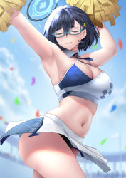 Rule 34 | 1girl, armpits, arms up, black panties, blue archive, blue hair, breasts, cheering, cheerleader, chihiro (blue archive), cleavage, closed eyes, confetti, cosplay, crop top, glasses, halo, highres, large breasts, midriff, millennium cheerleader outfit (blue archive), miniskirt, navel, panties, pantyshot, pom pom (cheerleading), rev60, short hair, skirt, sweat, underwear