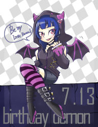 Rule 34 | 1girl, absurdres, artist name, artist request, bare shoulders, belt boots, black bow, black choker, black shorts, black vest, blue hair, blush, boots, bow, breasts, checkered clothes, checkered skirt, choker, cleavage, cross-laced clothes, demon girl, demon horns, demon tail, demon wings, detached sleeves, earrings, english text, facial mark, female focus, frilled sleeves, frills, full body, garter straps, hair bun, heart, highres, hood, hood up, hooded vest, hoodie, horns, horns through headwear, jewelry, johnny lovedia, lace, lace-trimmed legwear, lace trim, long hair, long sleeves, looking at viewer, love live!, love live! school idol festival, love live! school idol festival all stars, love live! sunshine!!, medium breasts, miniskirt, nail polish, one eye closed, open clothes, open vest, pants, parted lips, petals, pink background, pink nails, plaid, plaid skirt, pleated skirt, purple eyes, purple thighhighs, short hair, shorts, single hair bun, sitting, skirt, smile, solo, star (symbol), star earrings, striped clothes, striped thighhighs, tail, thighhighs, tsushima yoshiko, vest, white skirt, wings, zettai ryouiki