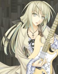 Rule 34 | 1girl, 440, blonde hair, cross, electric guitar, fender (company), fender stratocaster, frills, guitar, hair ribbon, instrument, jewelry, long hair, necklace, open mouth, original, plectrum, ribbon, solo, yellow eyes